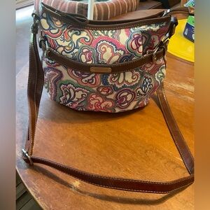 Nine & Co: Casual Crossbody linen lined multi floral designed small leather bag.